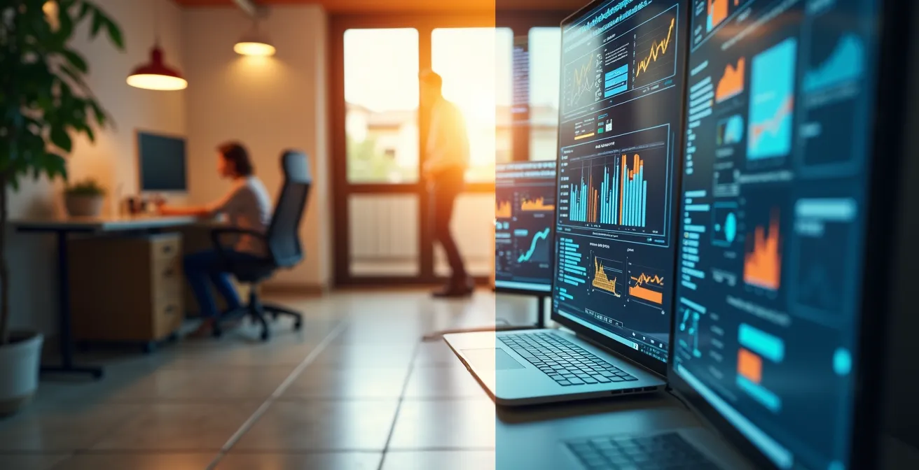 Oficina española con dos equipos trabajando en diferentes sistemas de gestión