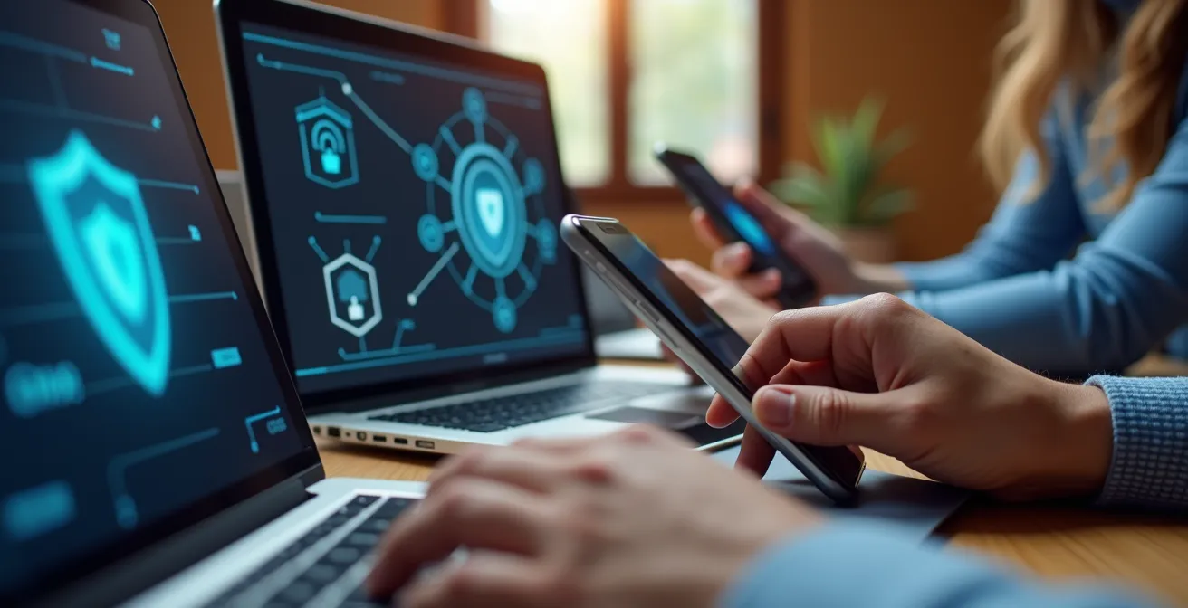 Manos de varias personas configurando ajustes de seguridad en un portátil, un smartphone y una tablet, simbolizando la implementación de acciones simples.