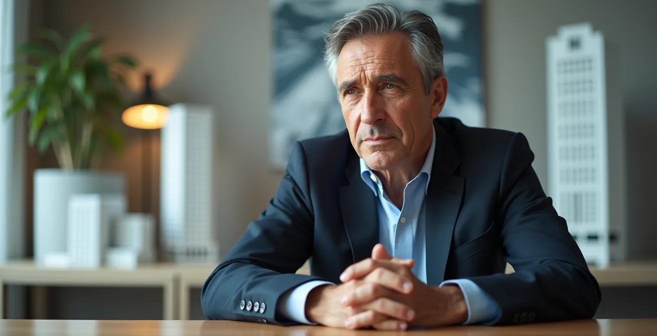 Retrato de empresario contemplando múltiples opciones de inversión representadas simbólicamente