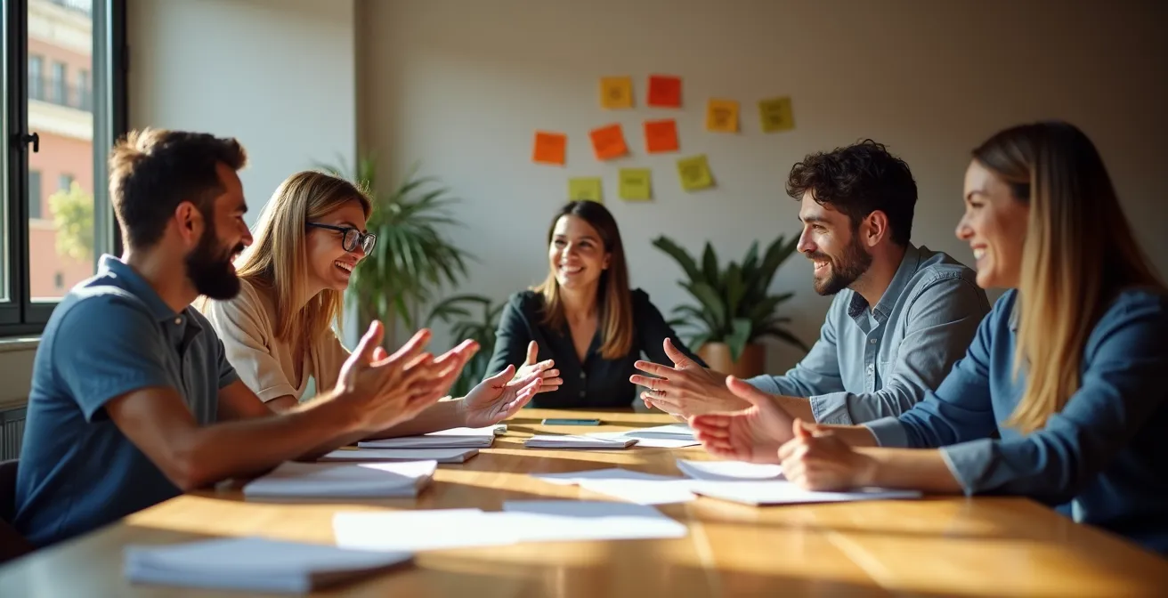 Equipo multidisciplinar trabajando en la optimización de procesos en oficina española