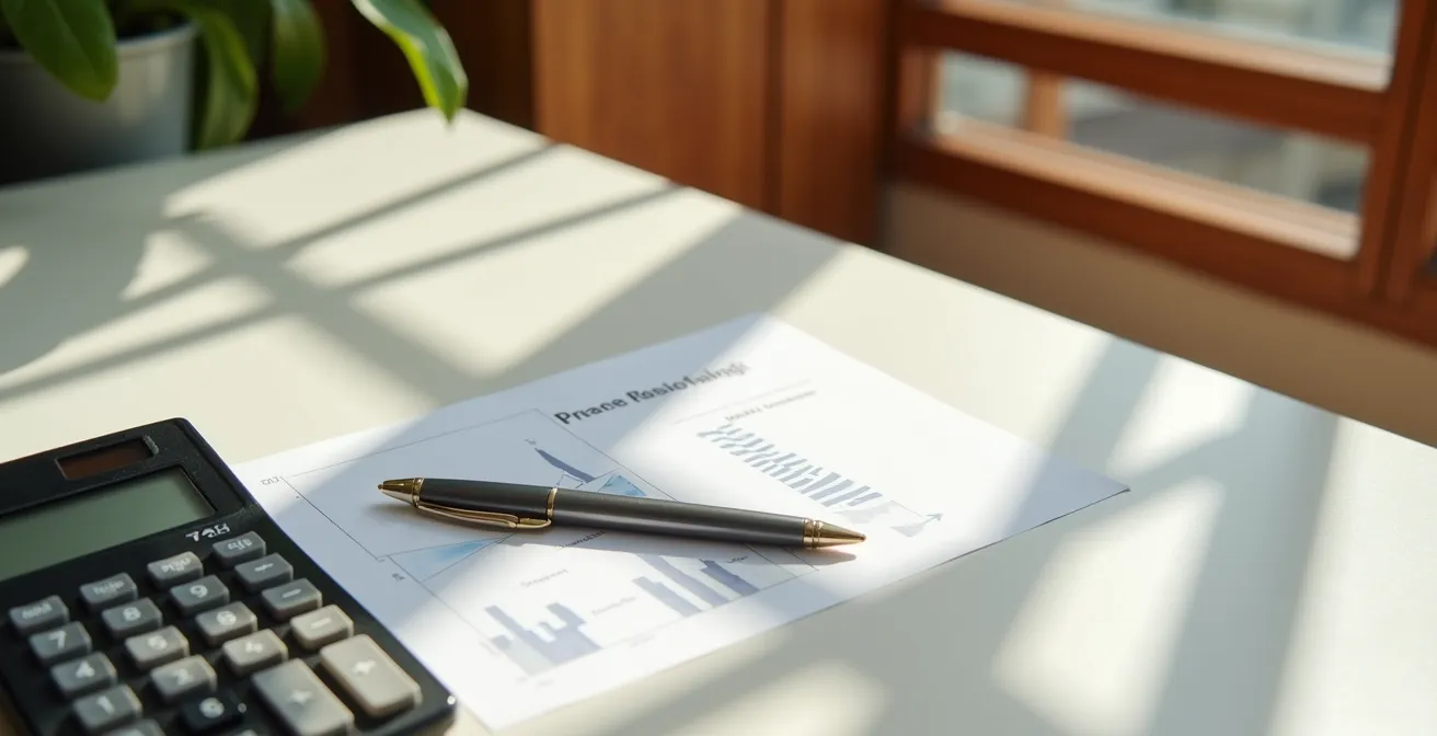 Calculadora y documentos financieros organizados para análisis de ratios empresariales