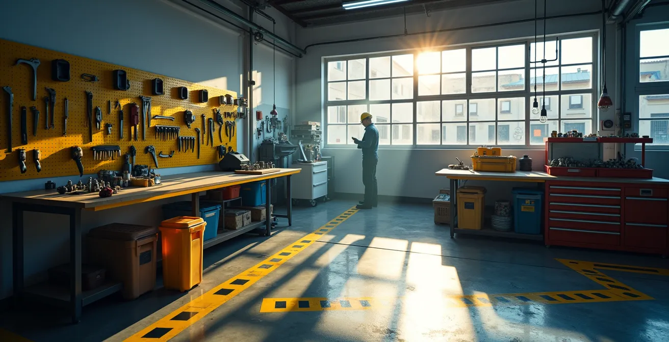 Área de trabajo organizada según metodología 5S con codificación visual