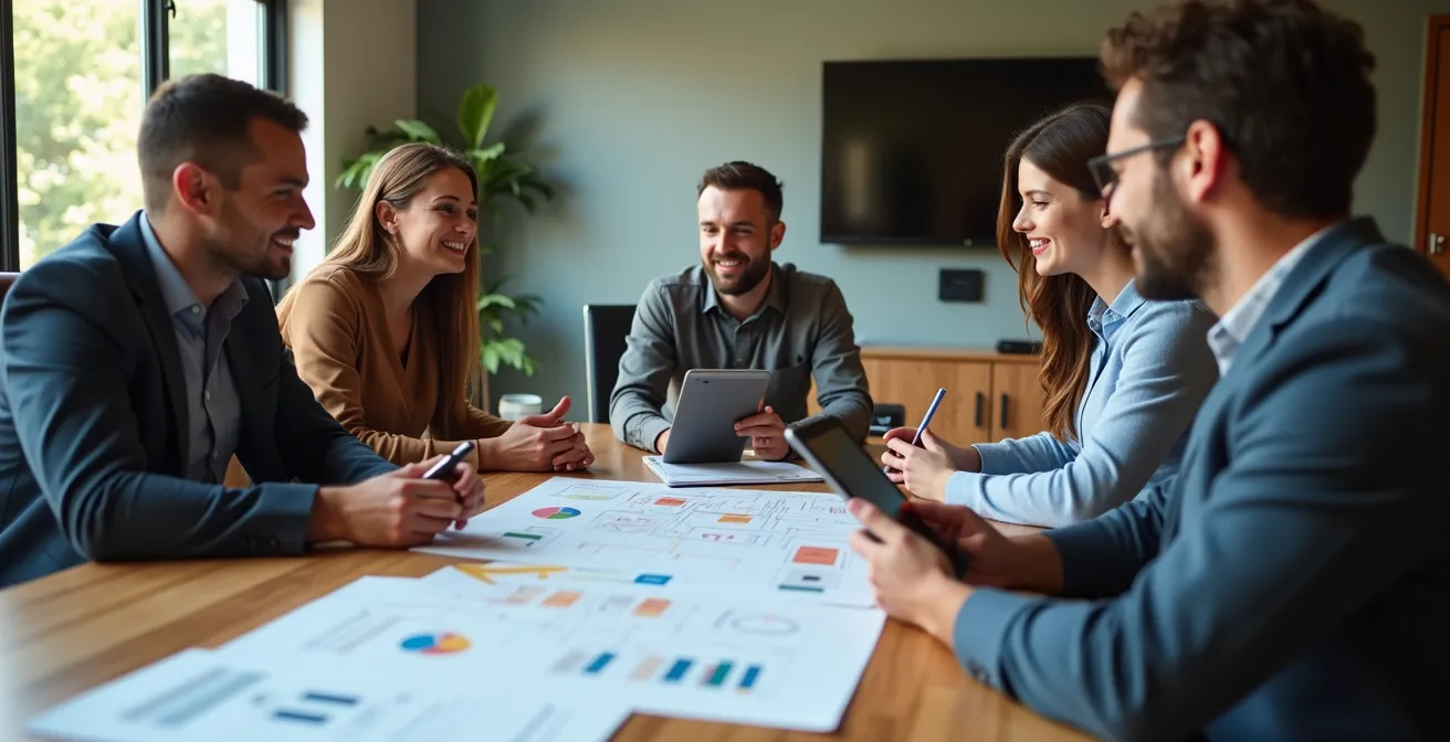 Un equipo de profesionales colaborando en la implementación gradual de un nuevo sistema de gestión empresarial, rodeados de diagramas de flujo y documentos.