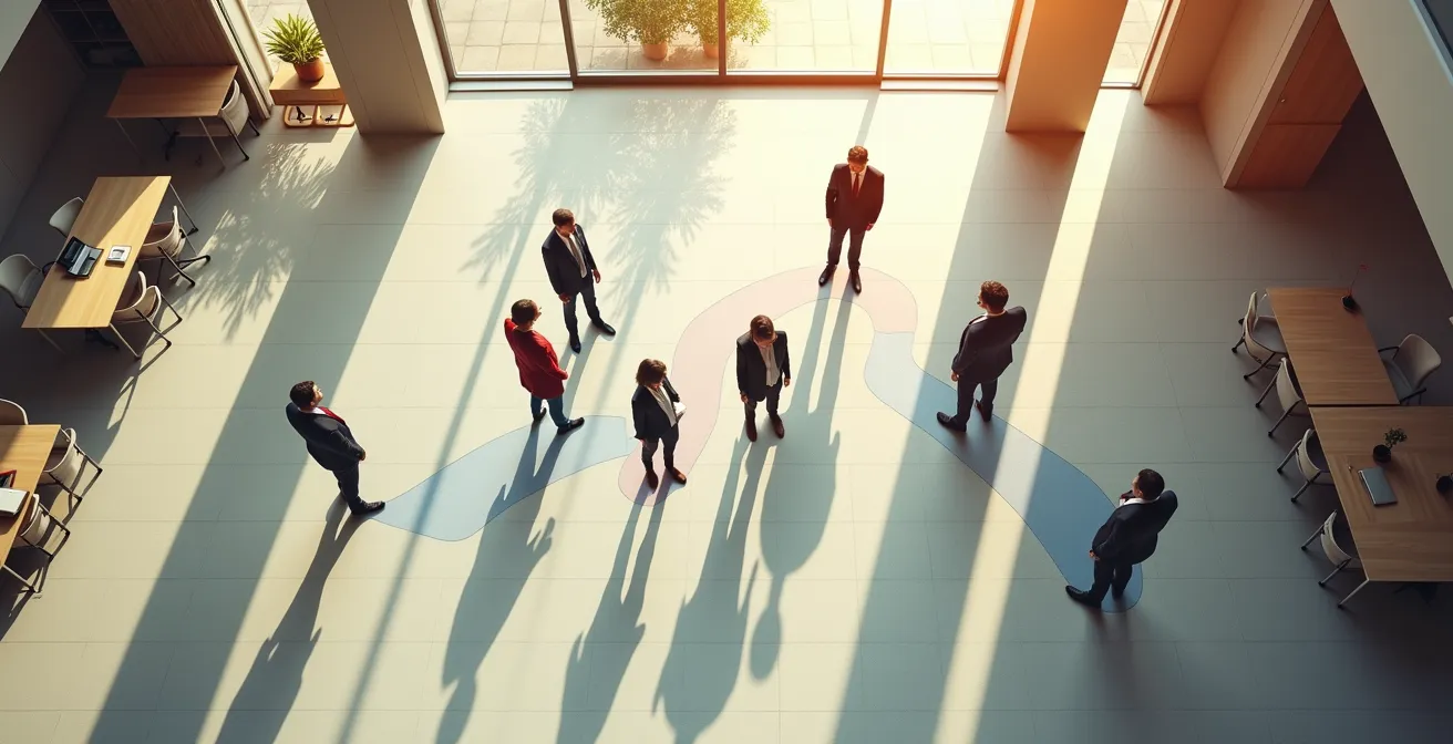 Representación visual del proceso de onboarding estructurado en fases temporales que muestra un camino con hitos claros en un entorno de oficina.