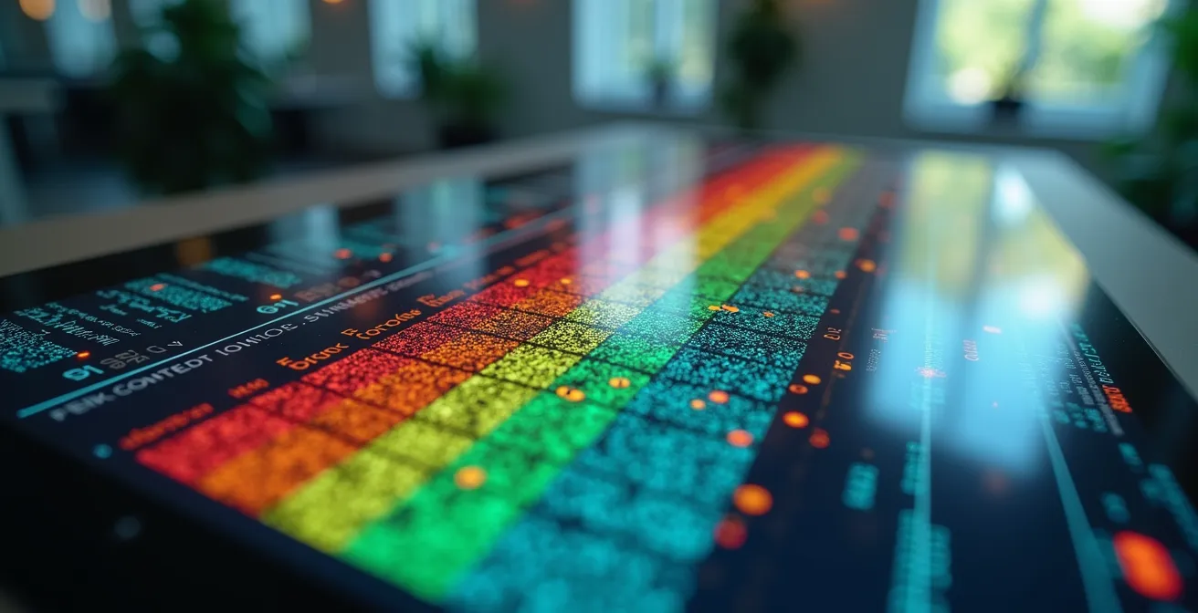 Vista macro de una tabla de compliance con columnas de riesgos y normativas en pantalla táctil