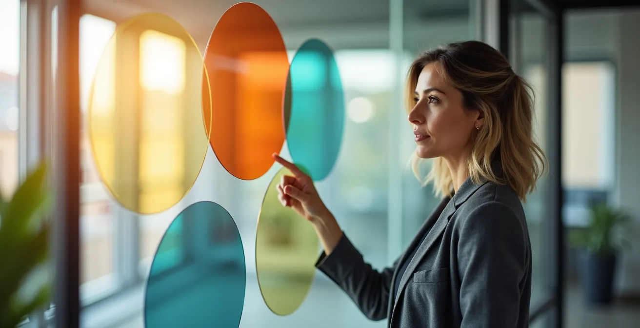 Profesional analizando factores de decisión en pizarra con gráficos y matrices