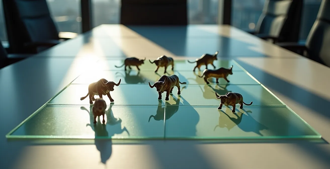 Matriz visual de priorización de riesgos empresariales con metáfora del toro y el torero en estilo gráfico moderno