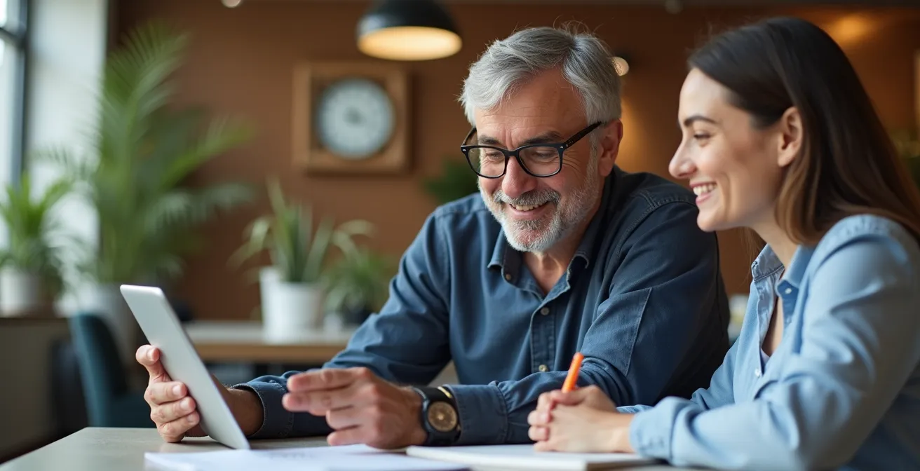 Empleado veterano y junior trabajando juntos en la documentación de procesos
