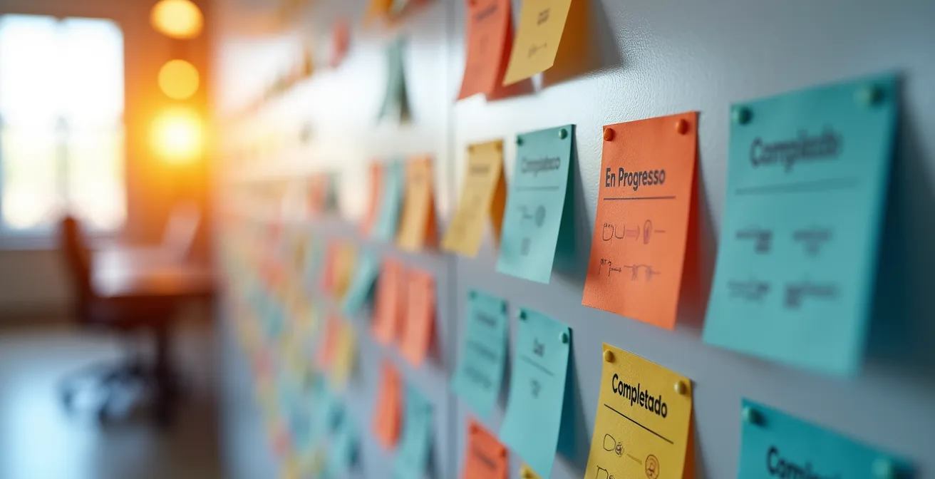 Vista macro de tablero Kanban con tarjetas de colores para gestión financiera