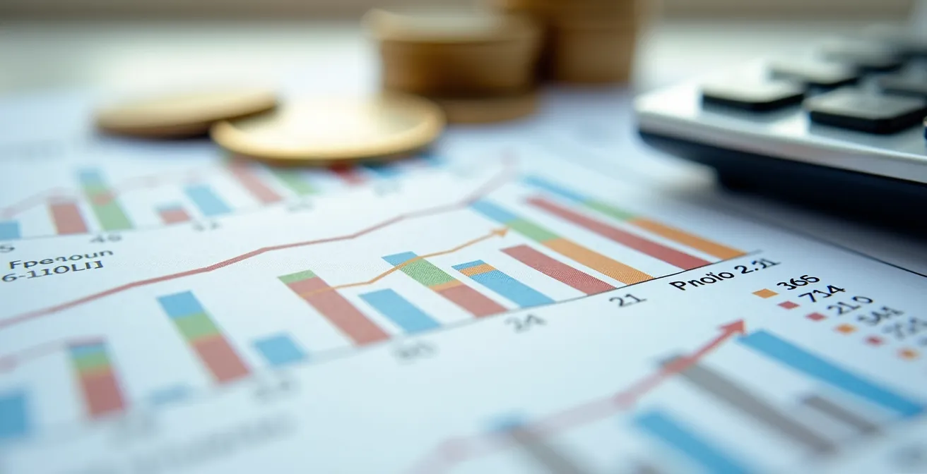 Vista macro de hoja Excel con gráficos financieros y calculadora que ilustra la planificación financiera.