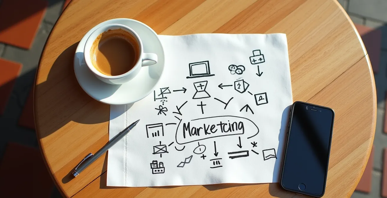 Vista cenital de mesa de café con servilleta dibujada con esquema de marketing simplificado