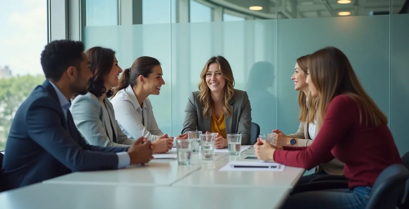 Equipo colaborativo en reunión de planificación para proyecto piloto de evaluación 360