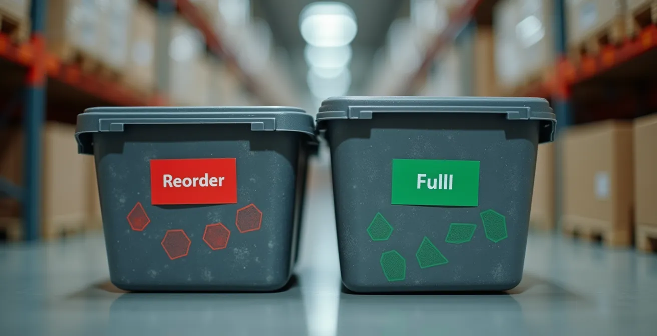 Detalle macro de sistema de dos contenedores con etiquetas de colores en almacén