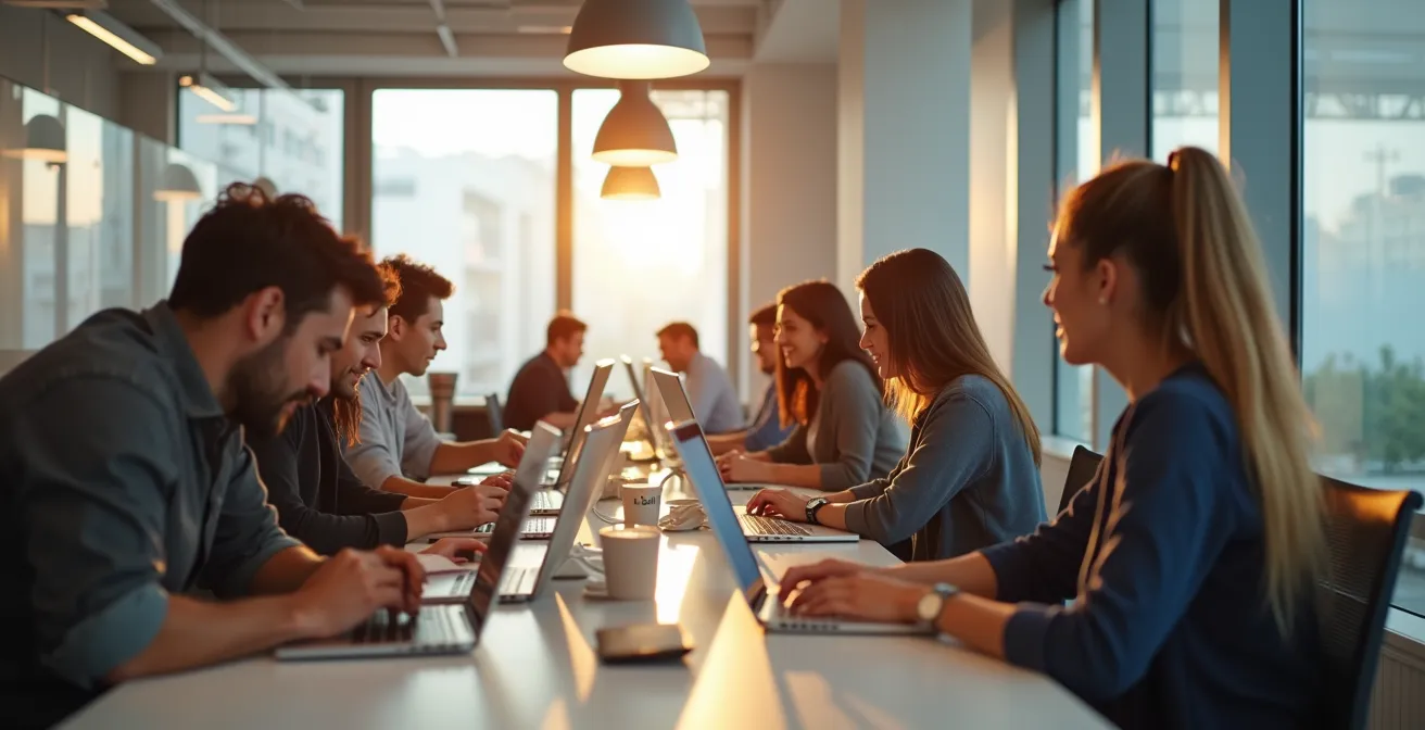 Espacio de coworking en vivero de empresas con emprendedores trabajando en un ambiente colaborativo y moderno