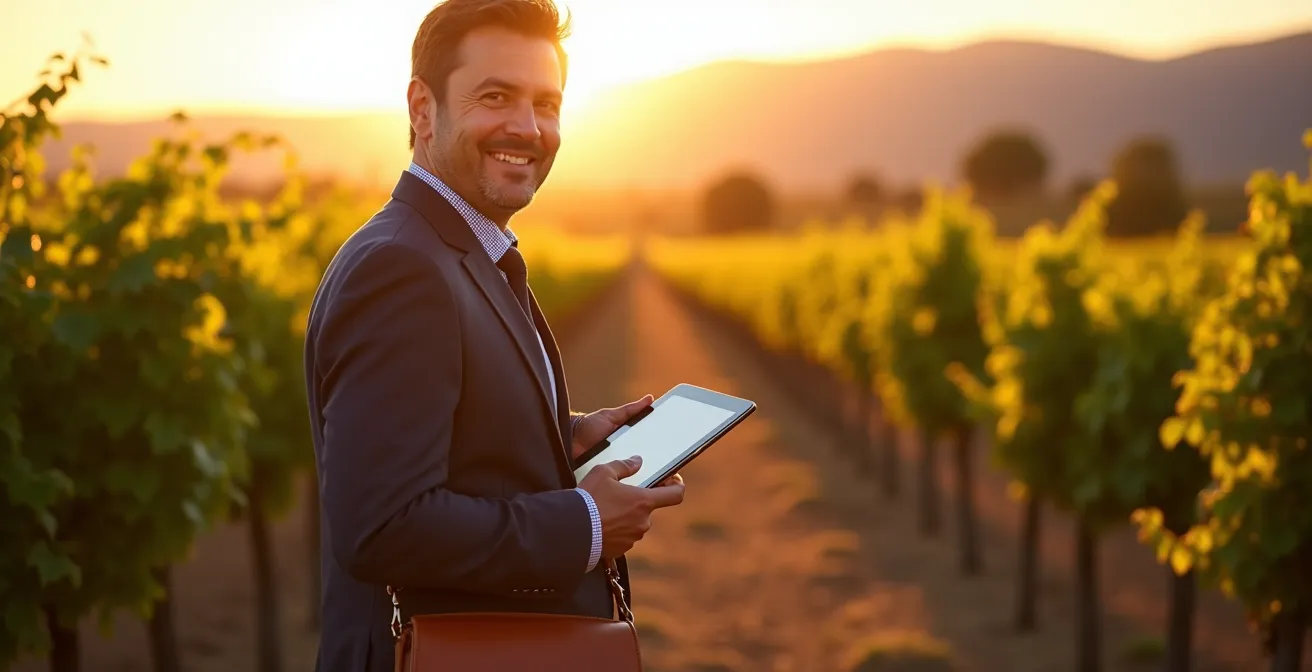 Comercial en los viñedos de La Rioja actualizando datos de clientes en su dispositivo móvil con una expresión de eficiencia.