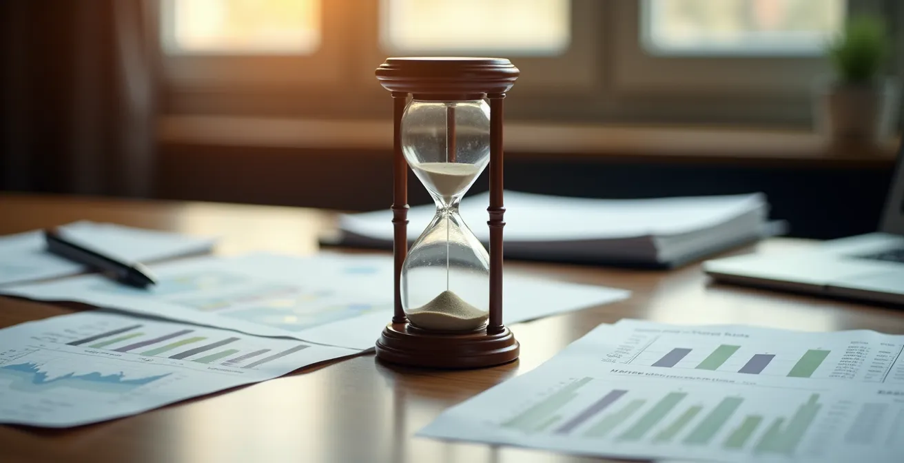 Reloj de arena con arena cayendo simbolizando el paso del tiempo en decisiones empresariales