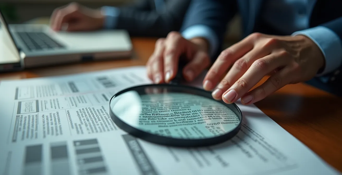 Primer plano de manos revisando documentos de auditoría con lupa sobre mesa de trabajo