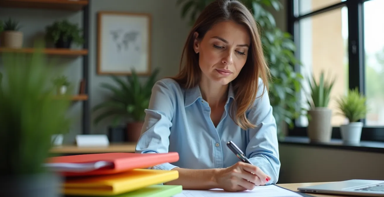 Directiva realizando una auditoría de cumplimiento normativo interno con carpetas organizadas.