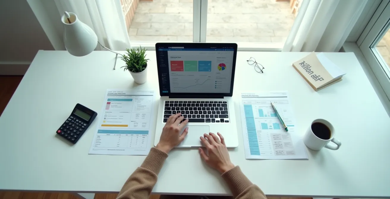 Vista cenital de escritorio con laptop mostrando software fiscal y documentos organizados
