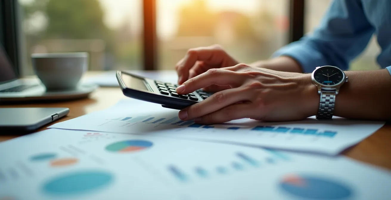 Manos trabajando con calculadora y documentos financieros en escritorio empresarial