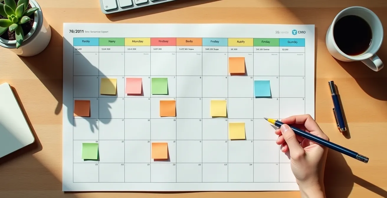 Vista cenital de calendario de 90 días con marcadores coloridos y mano de emprendedor planificando