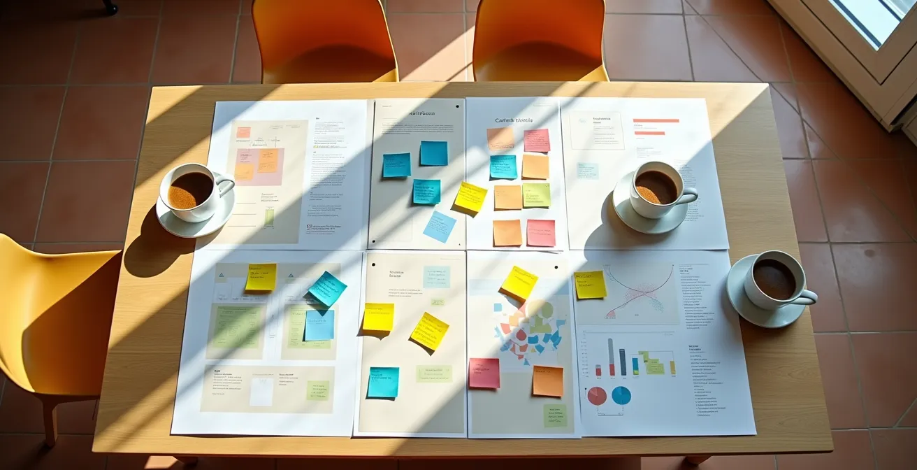 Mesa de trabajo con plantillas de planificación estratégica y herramientas de análisis DAFO