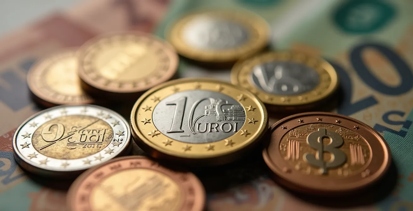 Vista macro de monedas y billetes representando el flujo de efectivo empresarial