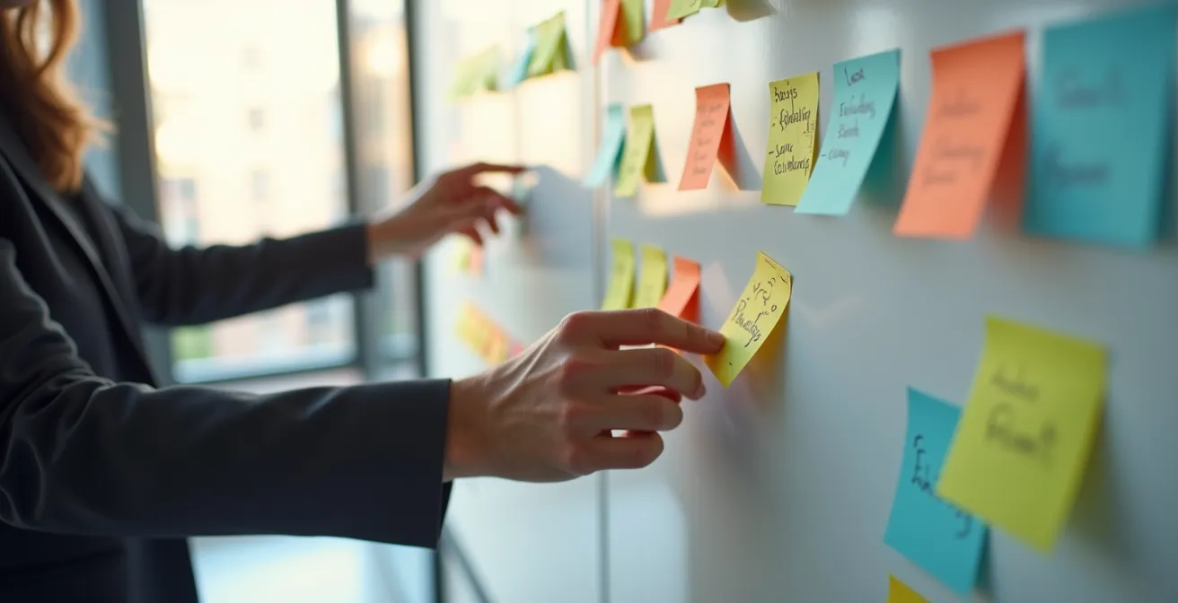 Manager y empleado trabajando juntos en pizarra con métricas y objetivos en oficina española