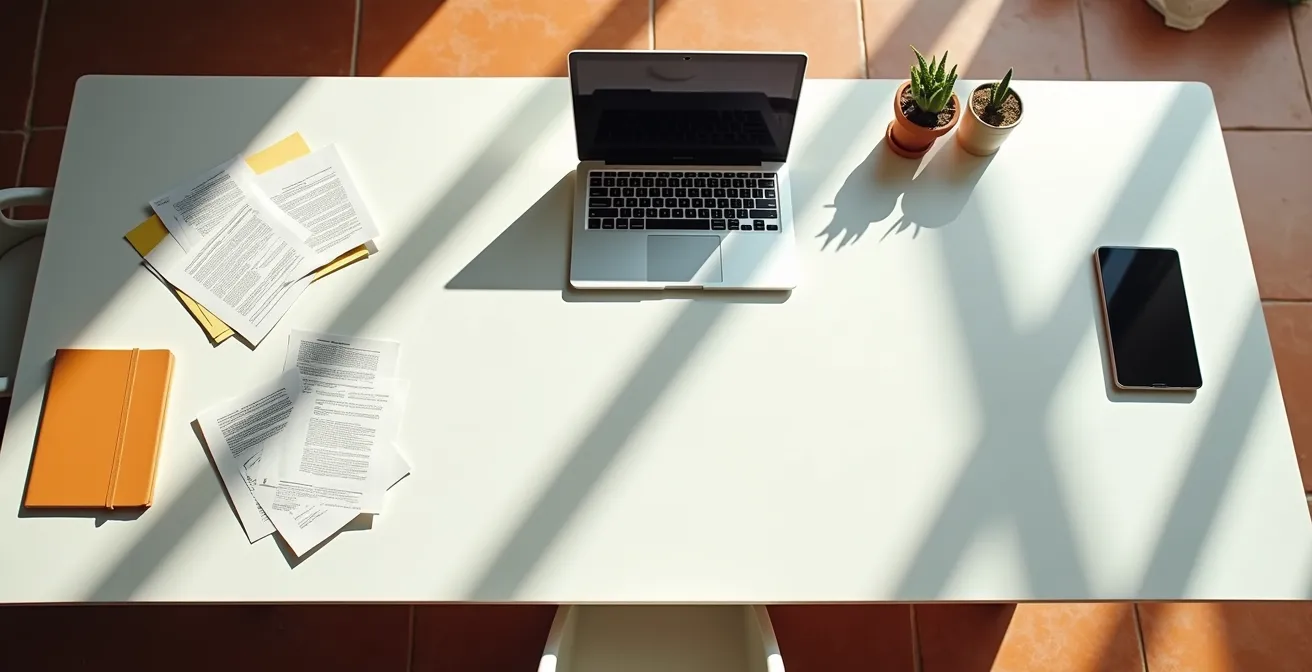 Vista aérea de diferentes tipos de documentos y contratos organizados digitalmente