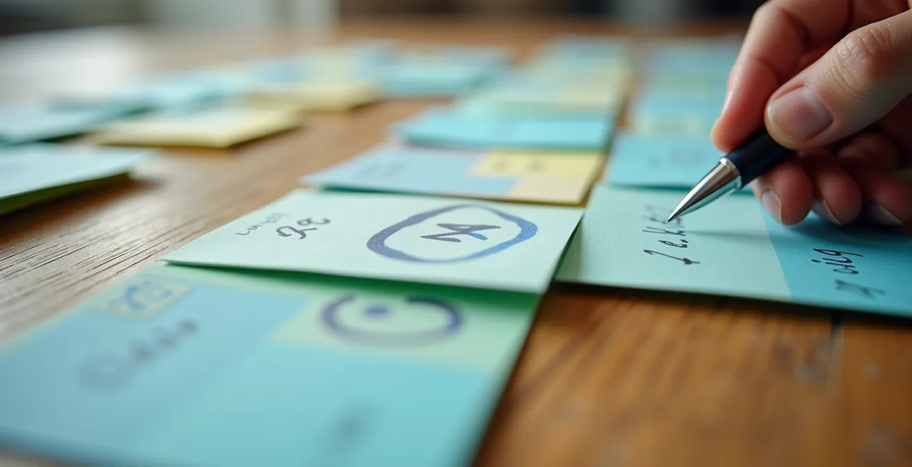 Vista aérea de un escritorio con fichas físicas organizadas en columnas sobre superficie de madera representando un tablero Kanban.