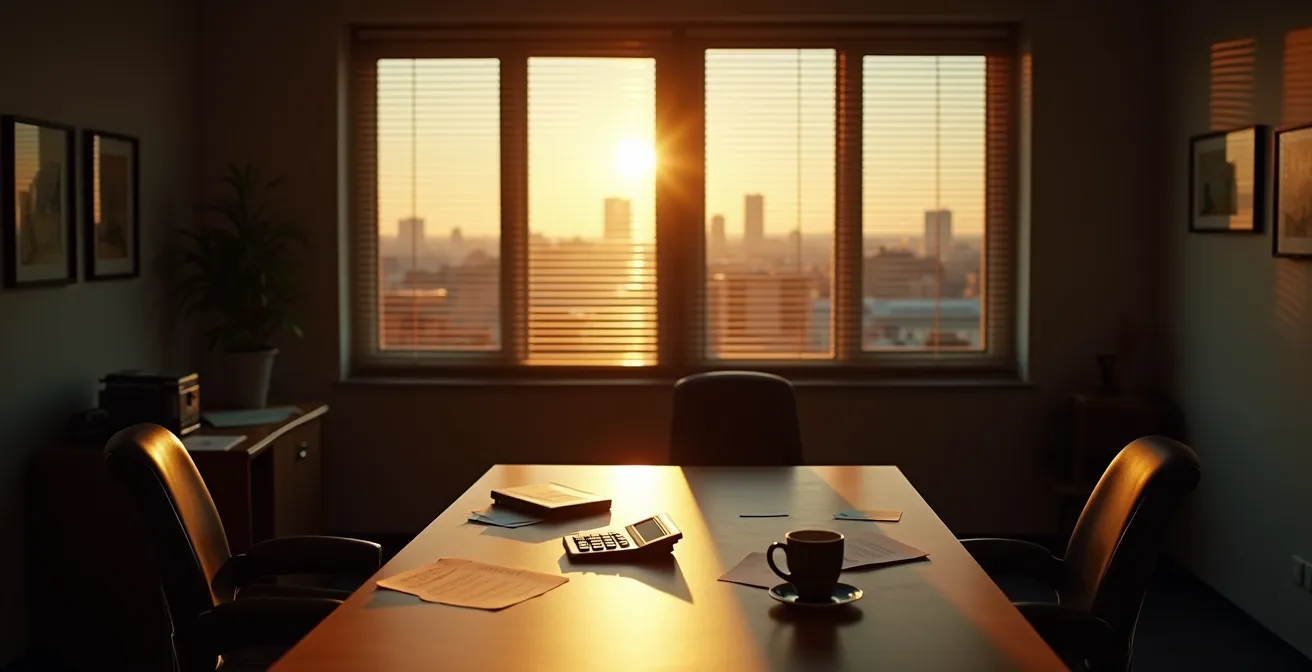 Oficina española vacía al atardecer con documentos fiscales esparcidos sobre escritorio