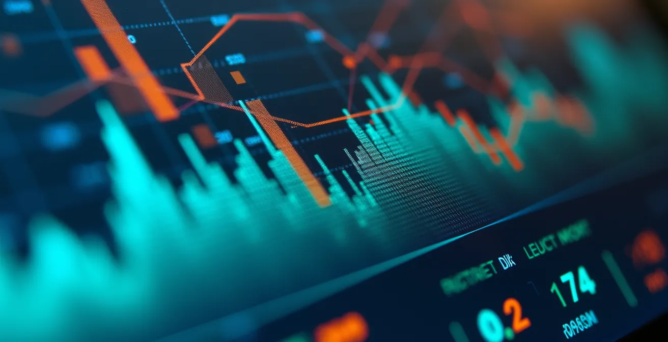 Vista de pantalla con dashboard financiero colorido mostrando gráficos y métricas clave