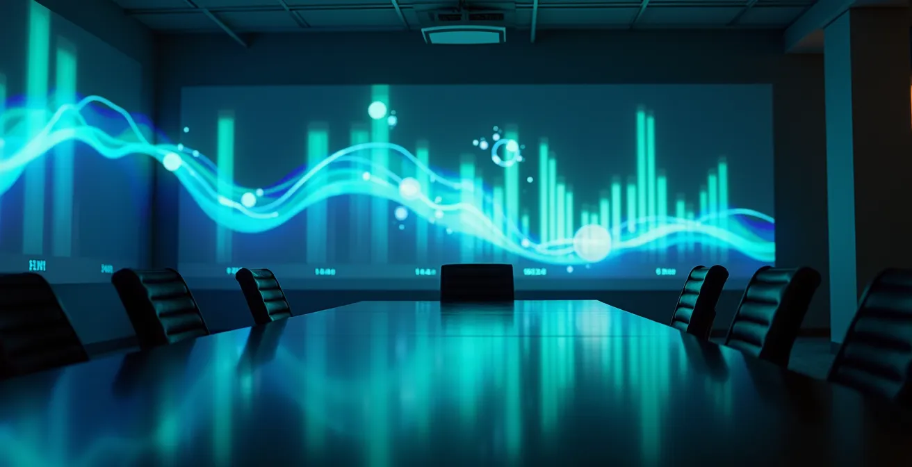 Espacio de oficina minimalista con visualizaciones de datos abstractas proyectadas en la pared, simbolizando un dashboard de proyectos.
