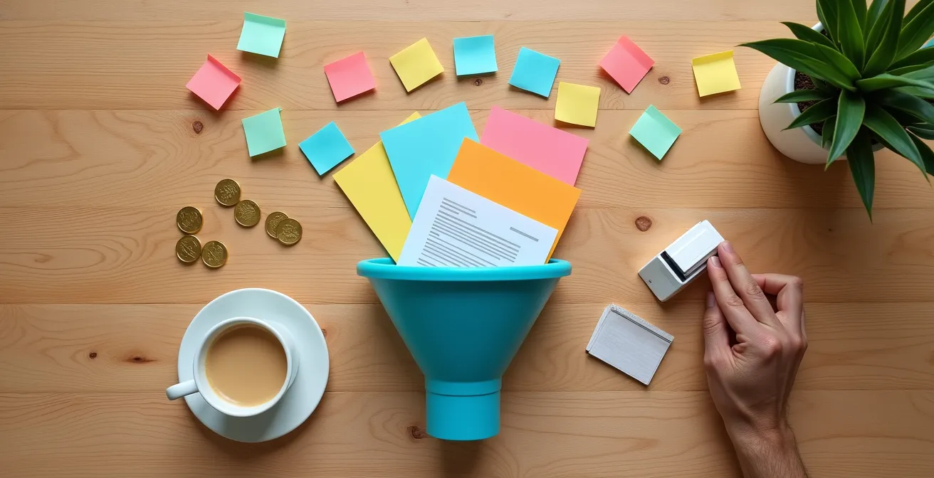 Vista cenital de un embudo de conversión digital representado con elementos físicos en una mesa de trabajo