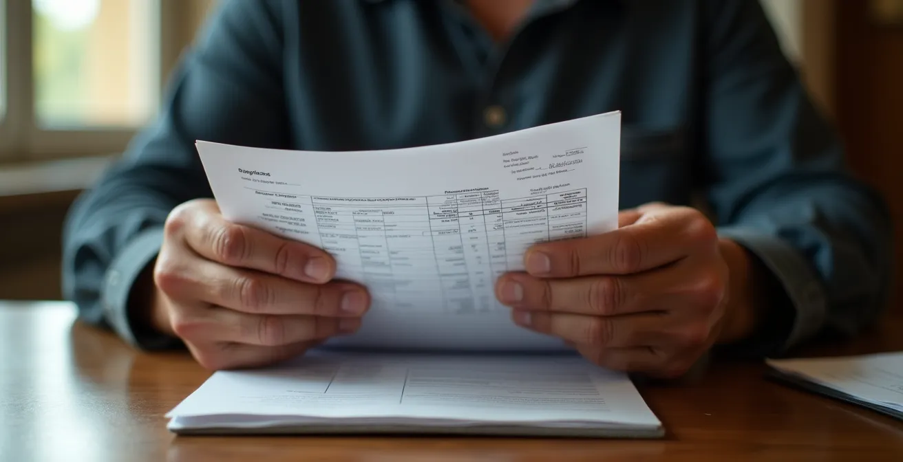 Manos de empresario español sosteniendo facturas con fondo desenfocado de oficina