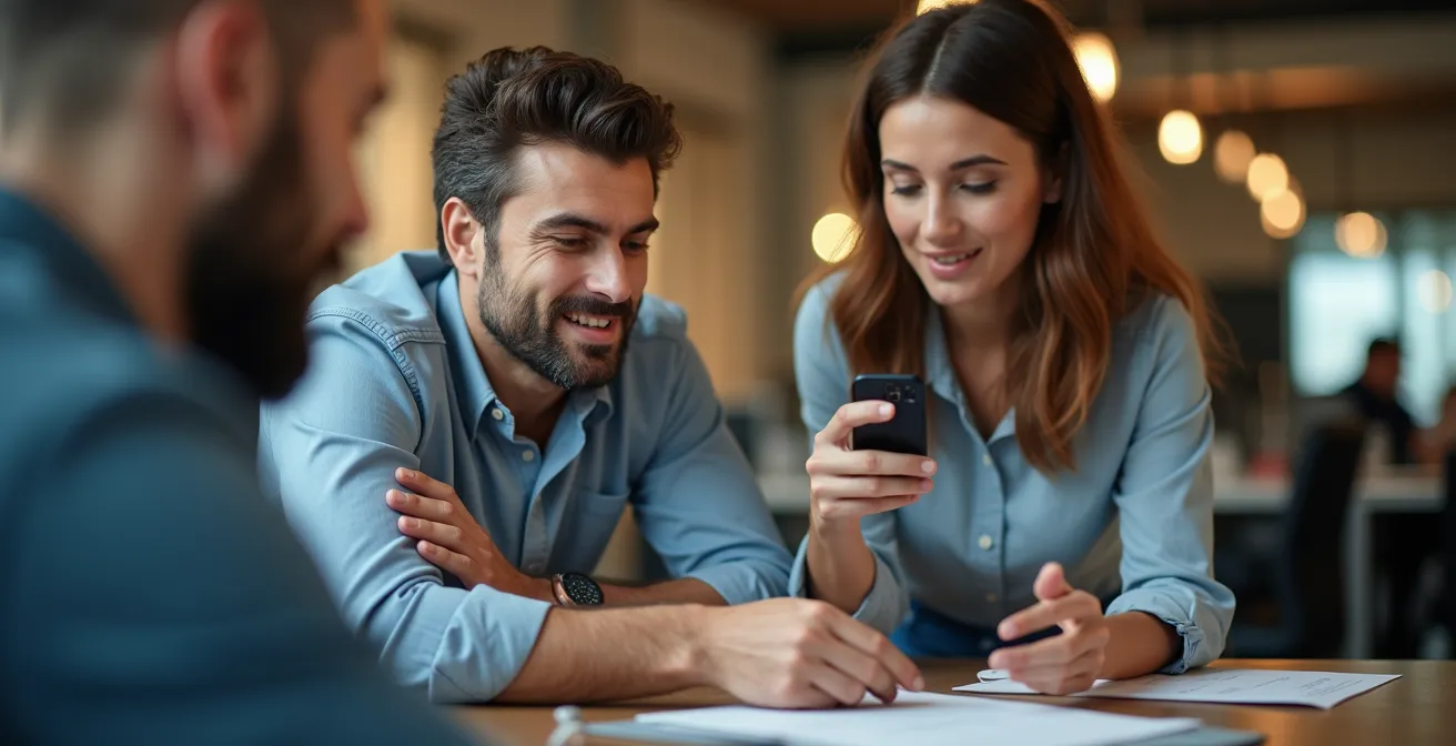 Empleado explicando un proceso operativo mientras un compañero lo graba con un dispositivo móvil en un entorno de oficina en España.