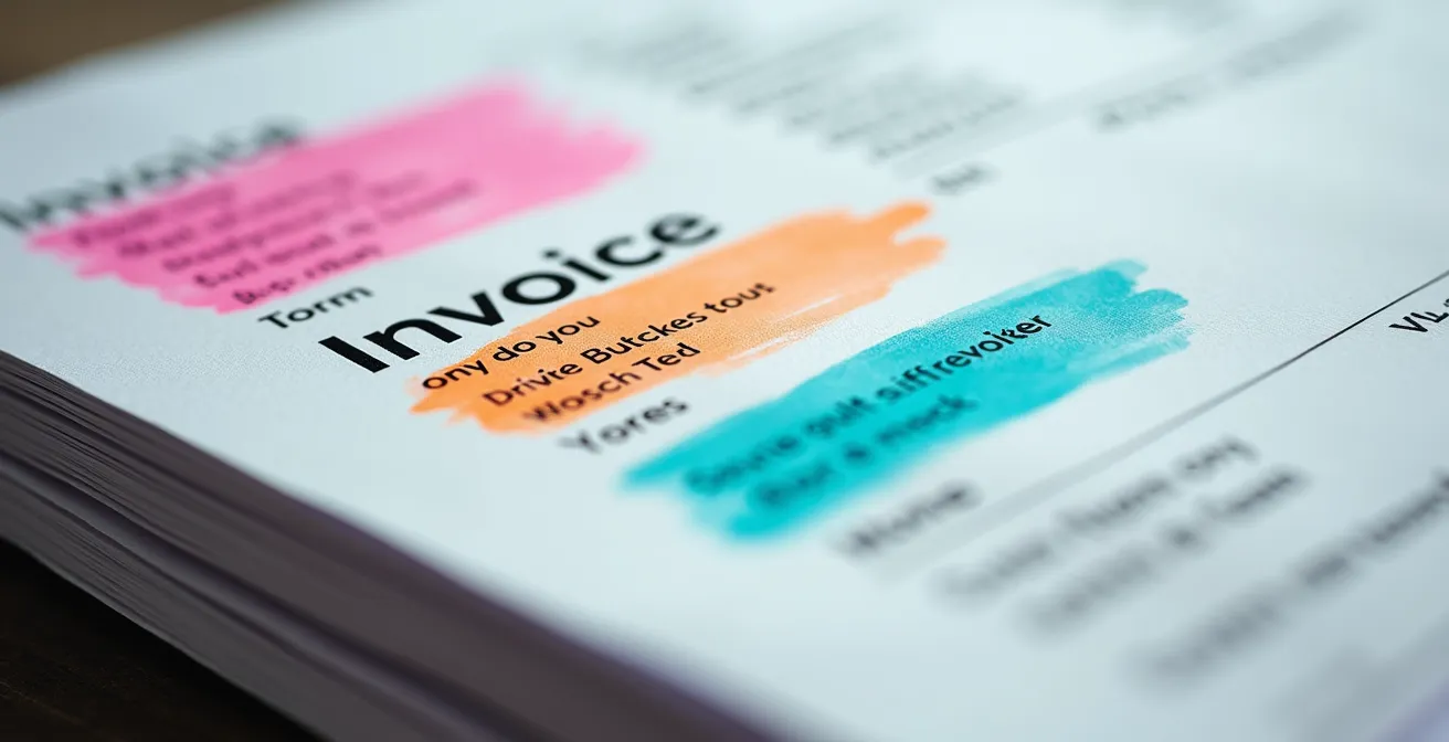 Detalle macro de facturas con marcadores de colores señalando elementos clave