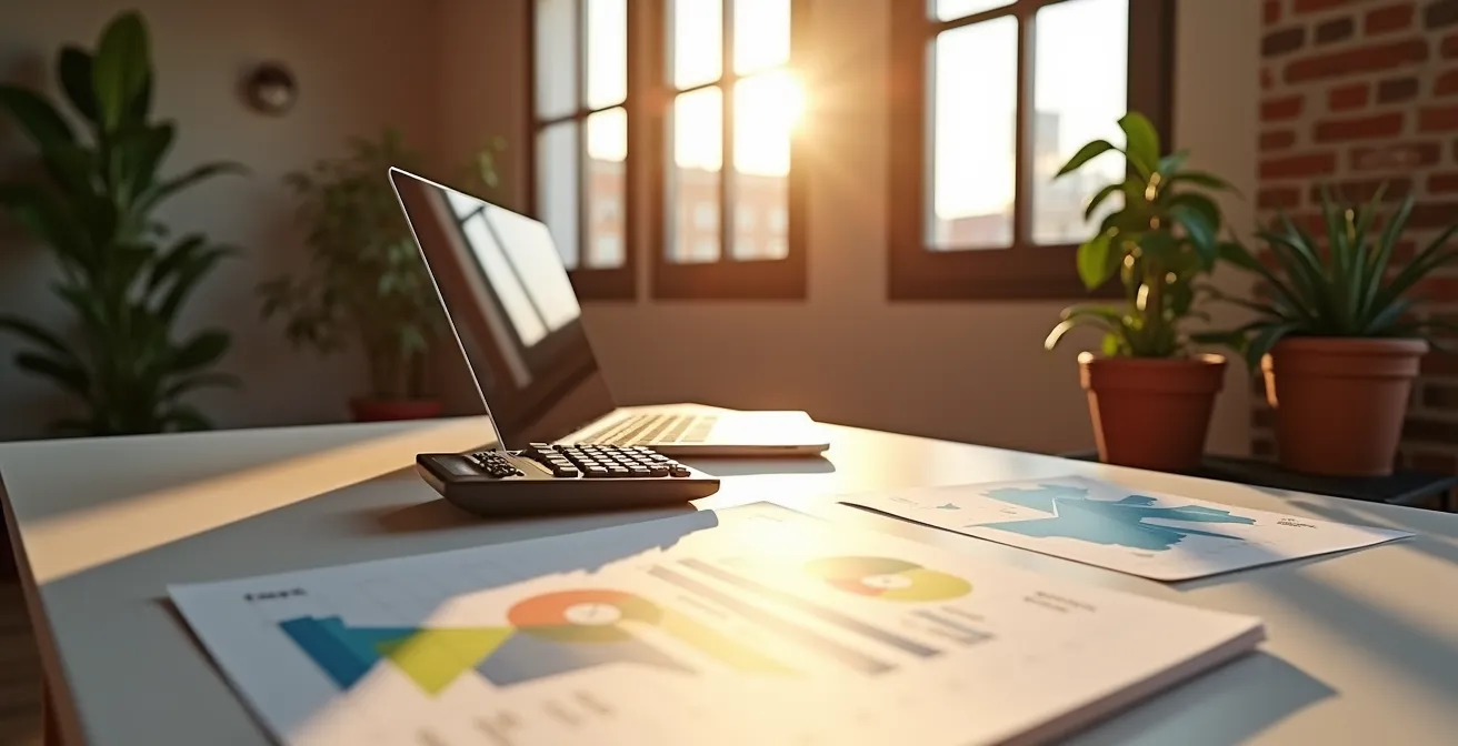 Oficina minimalista con mesa de trabajo y elementos de planificación financiera sin texto visible