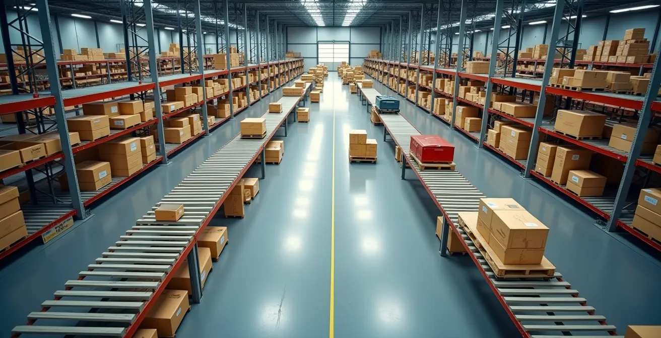 Vista aérea de un almacén con flujo eficiente de mercancías y zonas organizadas por rotación