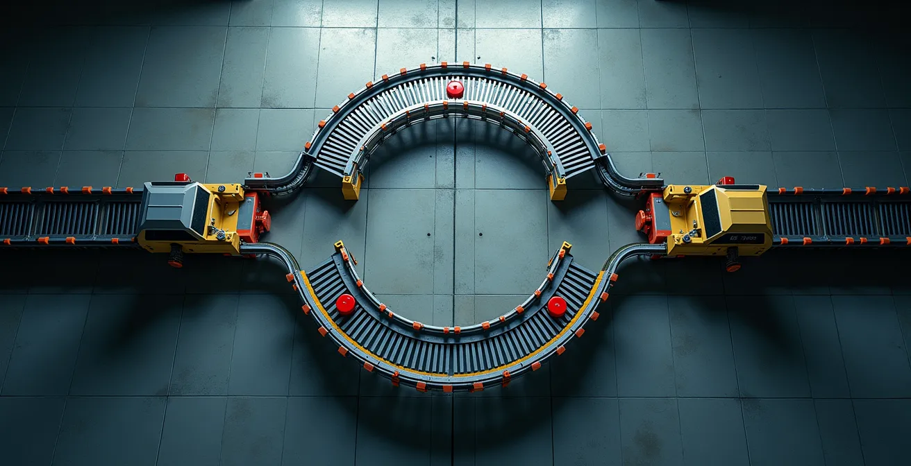 Vista aérea de línea de producción mostrando flujo continuo equilibrado