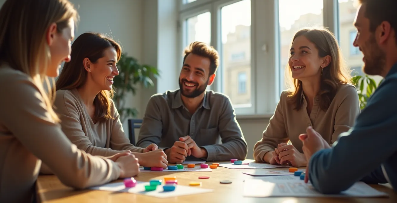 Sesión de formación interactiva de compliance con empleados participando activamente