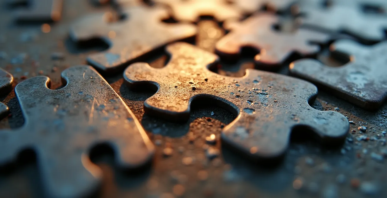 Vista macro de piezas de puzzle metálicas ensamblándose representando la integración modular