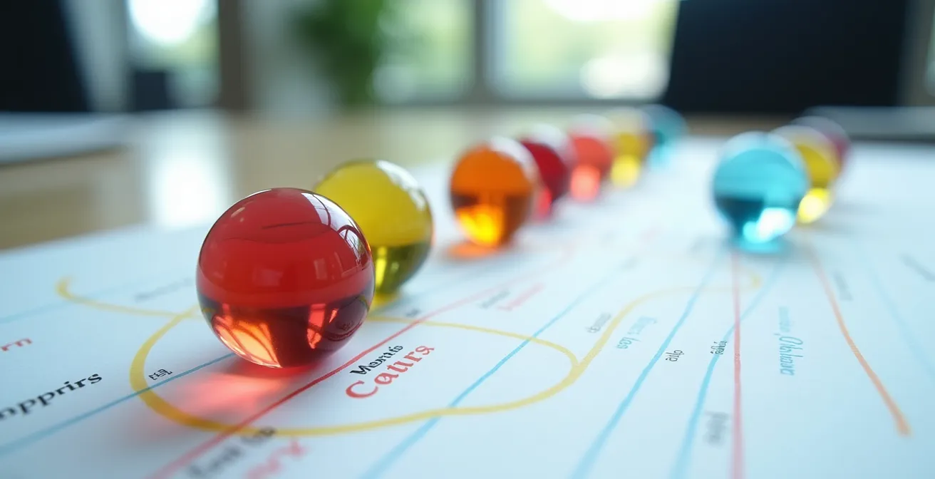 Mapa visual de riesgos empresariales con burbujas de colores interconectadas sobre mesa de trabajo