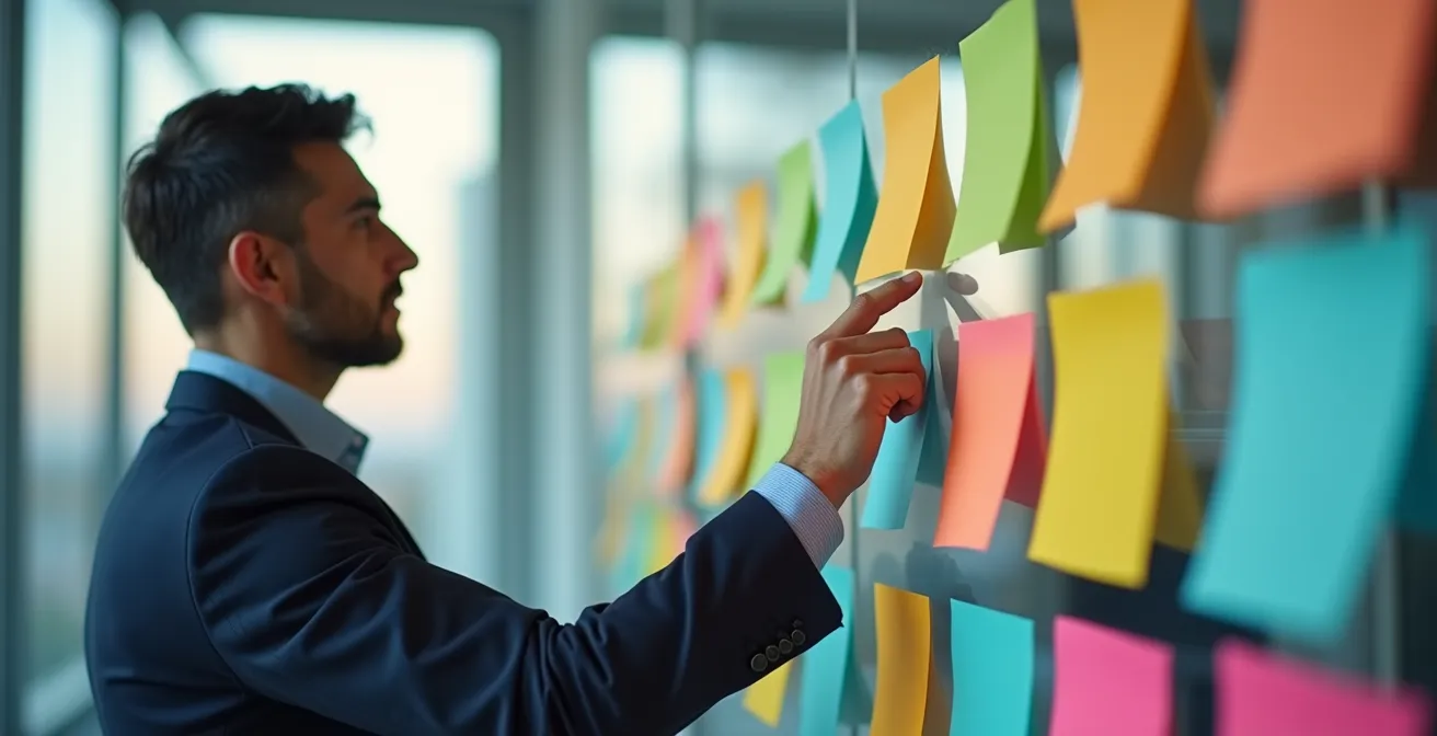 Profesional analizando matriz de decisión con post-its de colores organizados por prioridad