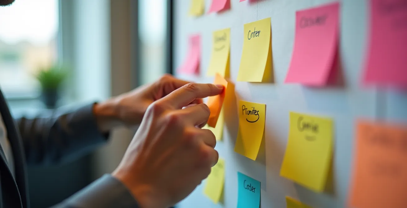 Vista macro de manos trabajando con post-its de colores sobre matriz de priorización