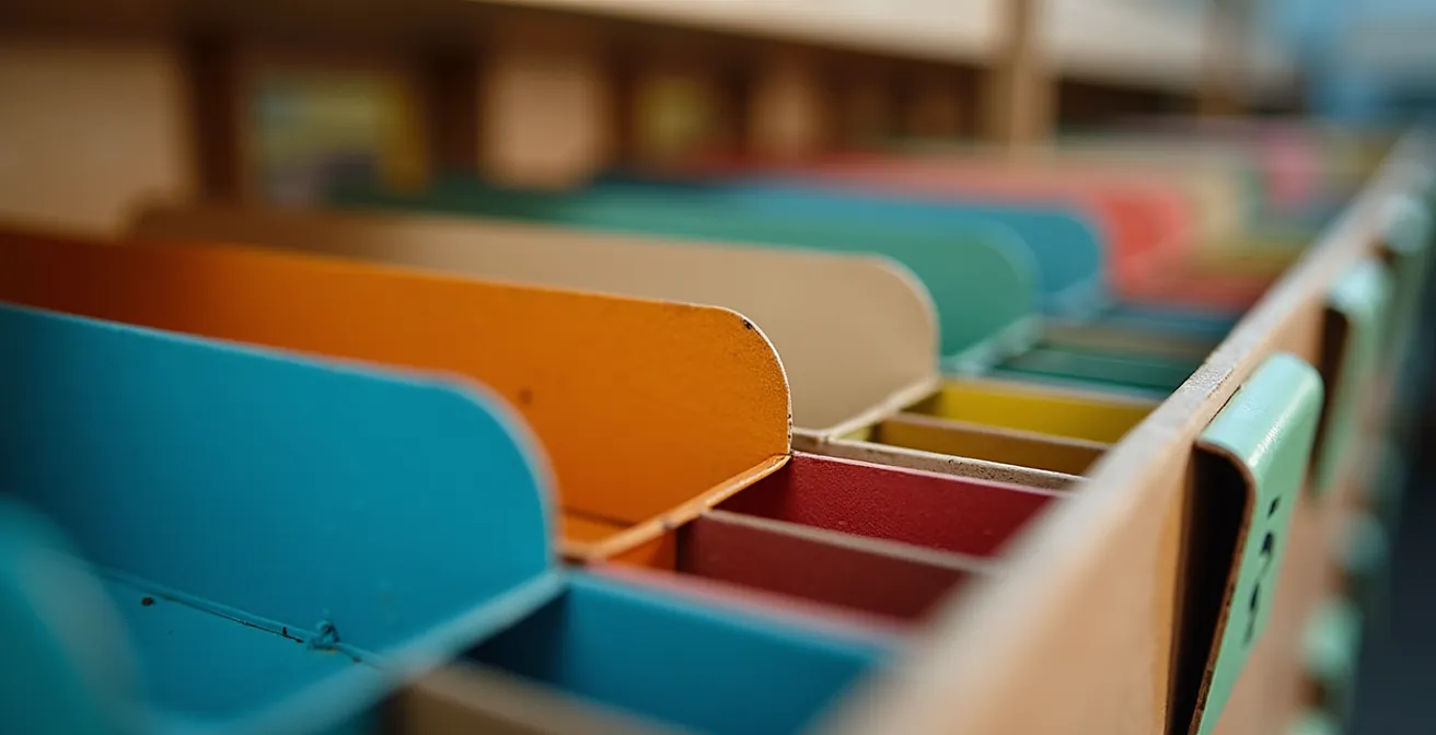 Sistema visual de dos contenedores para control de inventario con etiquetas de colores