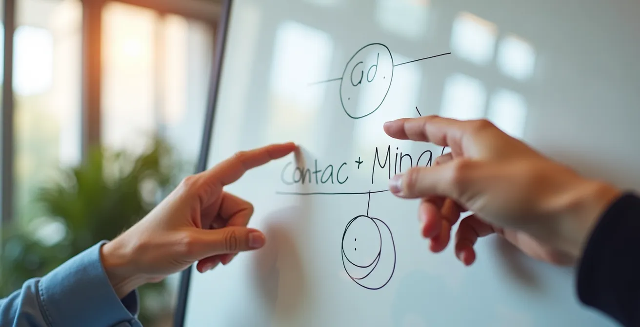 Primer plano de manos señalando diagrama de flujo simplificado en pizarra