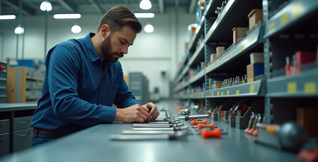 Trabajador aplicando metodología 5S en estación de trabajo organizada