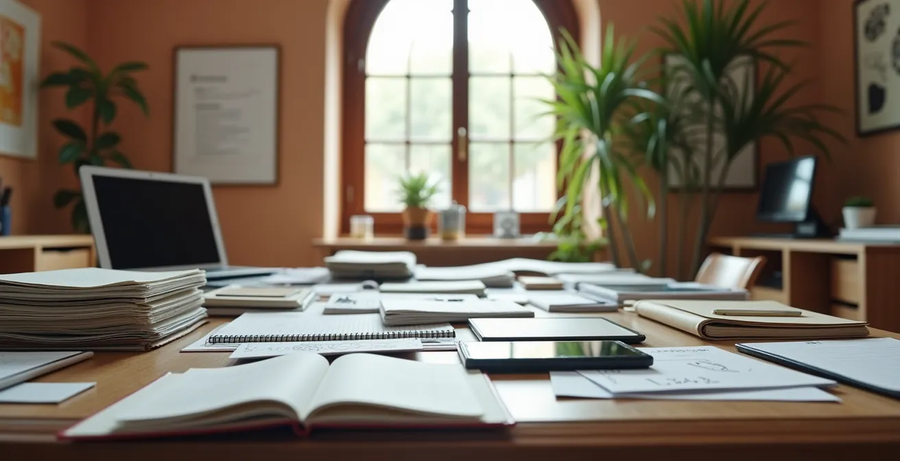 Escritorio desbordado con múltiples proyectos sin terminar en oficina española