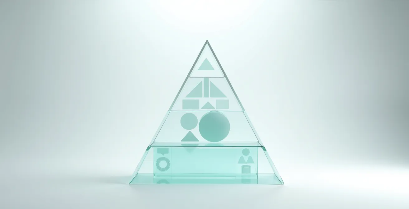 Pirámide escalonada de digitalización empresarial con niveles de herramientas que representan la jerarquía de prioridades.